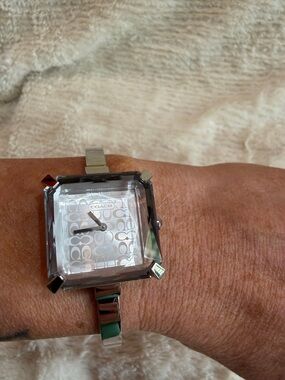 Coach Silver Square Crystal-Frame Bracelet Watch